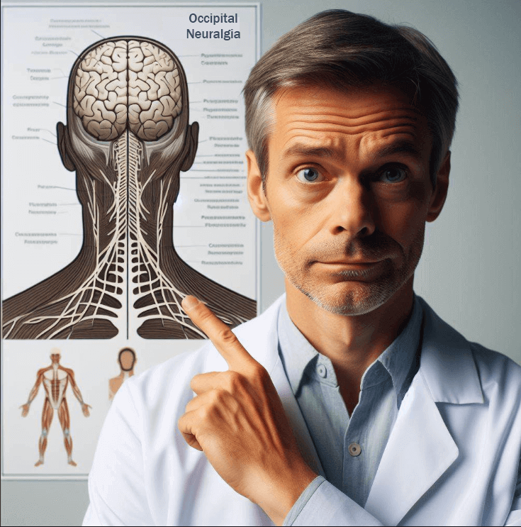 A professional massage therapist pointing to a diagram of Occipital Neuralgia