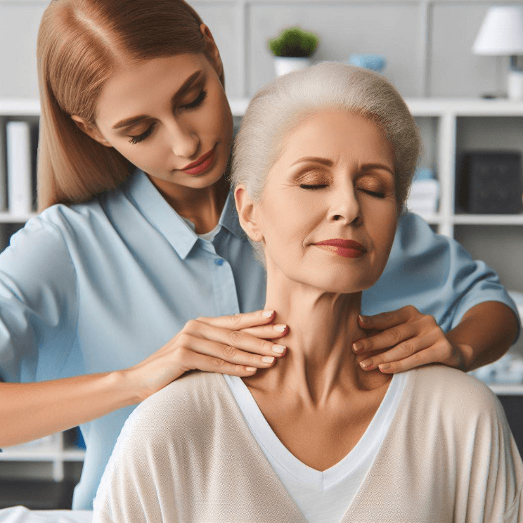 Mature women receiving a massage for occipital neuralgia in a medical clinic.